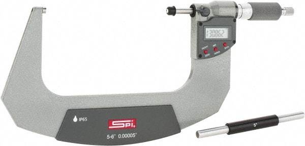 SPI - 5 to 6" Range, 0.00005" Resolution, Double Ratchet IP65 Electronic Outside Micrometer - 0.0002" Accuracy, Ratchet-Friction Thimble, Carbide Face, CR2032 Battery, Includes NIST Traceable Certification of Inspection - Americas Industrial Supply