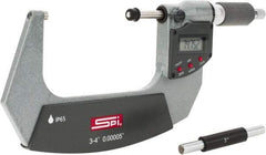 SPI - 3 to 4" Range, 0.00005" Resolution, Double Ratchet IP65 Electronic Outside Micrometer - 0.0002" Accuracy, Ratchet-Friction Thimble, Carbide Face, CR2032 Battery, Includes NIST Traceable Certification of Inspection - Americas Industrial Supply