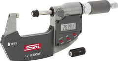 SPI - 1 to 2" Range, 0.00005" Resolution, Double Ratchet IP65 Electronic Outside Micrometer - 0.0002" Accuracy, Ratchet-Friction Thimble, Carbide Face, CR2032 Battery, Includes NIST Traceable Certification of Inspection - Americas Industrial Supply