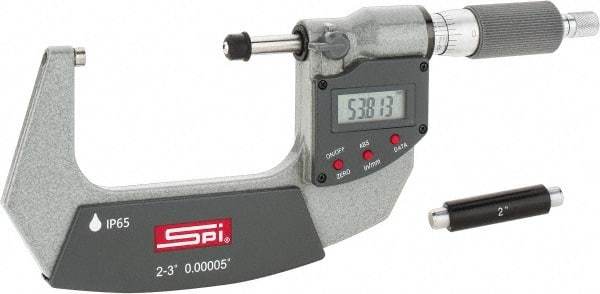 SPI - 2 to 3" Range, 0.00005" Resolution, Double Ratchet IP65 Electronic Outside Micrometer - 0.0002" Accuracy, Ratchet-Friction Thimble, Carbide Face, CR2032 Battery, Includes NIST Traceable Certification of Inspection - Americas Industrial Supply