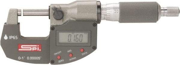 SPI - 0 to 1" Range, 0.00005" Resolution, Double Ratchet IP65 Electronic Outside Micrometer - 0.0001" Accuracy, Ratchet-Friction Thimble, Carbide Face, CR2032 Battery, Includes NIST Traceable Certification of Inspection - Americas Industrial Supply