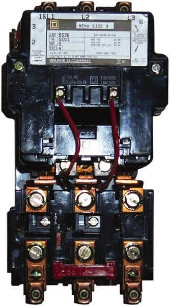 Square D - 220 Coil VAC at 50 Hz, 240 Coil VAC at 60 Hz, 90 Amp, NEMA Size 3, Nonreversible Open Enclosure NEMA Motor Starter - 3 Phase hp: 25 at 200 VAC, 30 at 230 VAC, 50 at 460 VAC, 50 at 575 VAC - Americas Industrial Supply