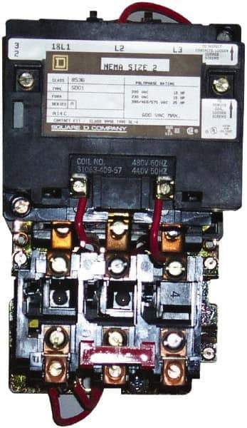 Square D - 110 Coil VAC at 50 Hz, 120 Coil VAC at 60 Hz, 45 Amp, NEMA Size 2, Nonreversible Open Enclosure NEMA Motor Starter - 3 Phase hp: 10 at 200 VAC, 15 at 230 VAC, 25 at 460 VAC, 25 at 575 VAC - Americas Industrial Supply