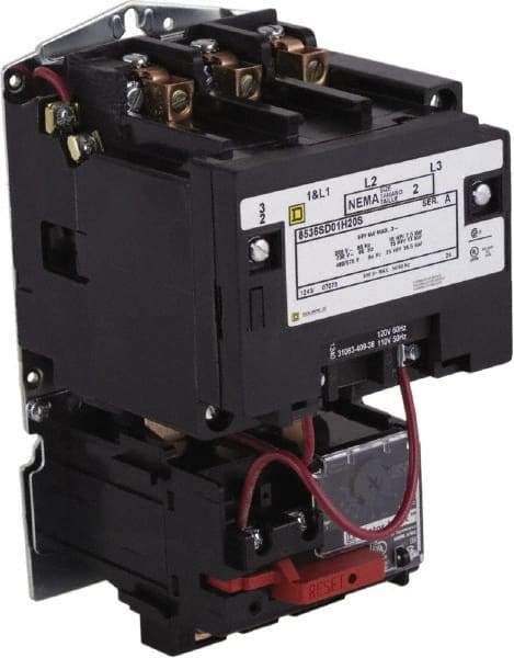 Square D - 208 Coil VAC at 60 Hz, 600 Coil VAC, 27 Amp, NEMA Size 1, Open Enclosure NEMA Motor Starter - 1 Phase hp: 7 1/2 at 200 Volt, 7 1/2 at 230 Volt, 3 Phase hp: 10 at 460 Volt, 10 at 575 Volt - Americas Industrial Supply