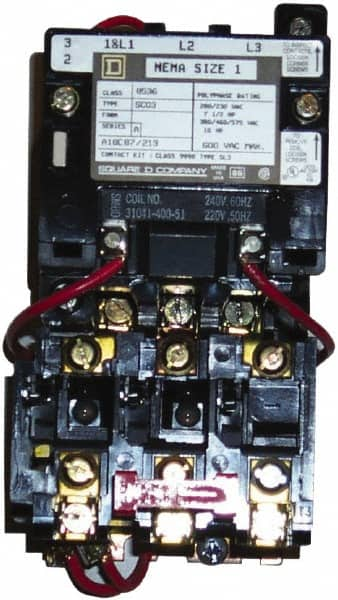 Square D - 208 Coil VAC at 60 Hz, 27 Amp, NEMA Size 1, Nonreversible Open Enclosure NEMA Motor Starter - 3 Phase hp: 10 at 460 VAC, 10 at 575 VAC, 7-1/2 at 200 VAC, 7-1/2 at 230 VAC - Americas Industrial Supply