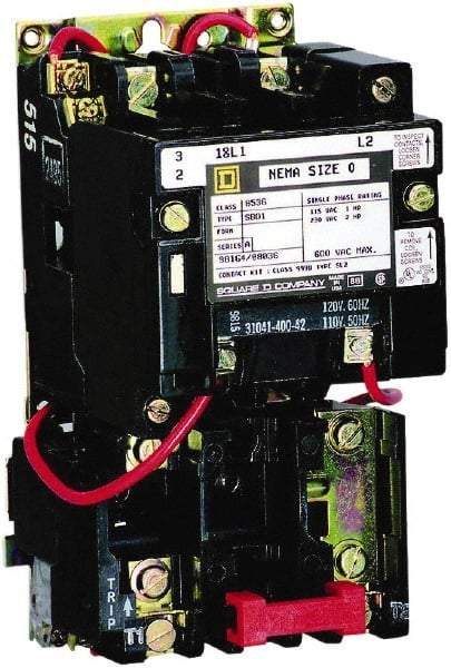 Square D - 220 Coil VAC at 50 Hz, 240 Coil VAC at 60 Hz, 18 Amp, Nonreversible Open Enclosure NEMA Motor Starter - 1 Phase hp: 1 at 115 VAC, 2 at 230 VAC - Americas Industrial Supply