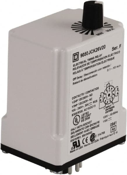 Square D - 0.1 to 10 min Delay, DPDT Time Delay Relay - 10 Contact Amp, 110 VDC & 120 VAC - Americas Industrial Supply