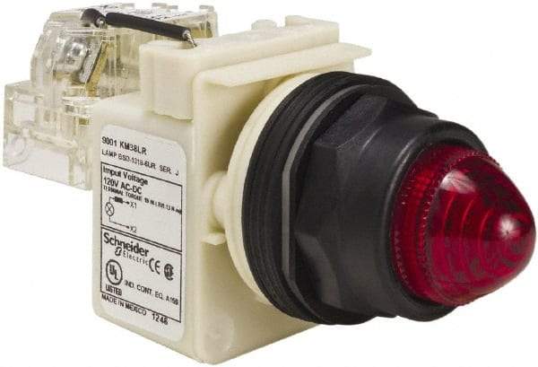 Schneider Electric - 120 V Red Lens LED Press-to-Test Indicating Light - Round Lens, Screw Clamp Connector, Corrosion Resistant, Dust Resistant, Oil Resistant - Americas Industrial Supply