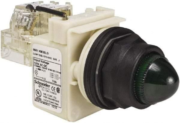 Schneider Electric - 120 V Green Lens LED Press-to-Test Indicating Light - Round Lens, Screw Clamp Connector, Corrosion Resistant, Dust Resistant, Oil Resistant - Americas Industrial Supply