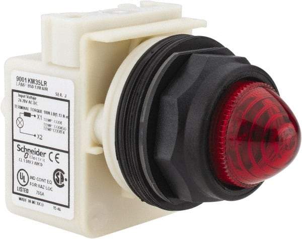 Schneider Electric - 24 VAC/DC Red Lens LED Pilot Light - Round Lens, Screw Clamp Connector, 54mm OAL x 42mm Wide, Vibration Resistant - Americas Industrial Supply