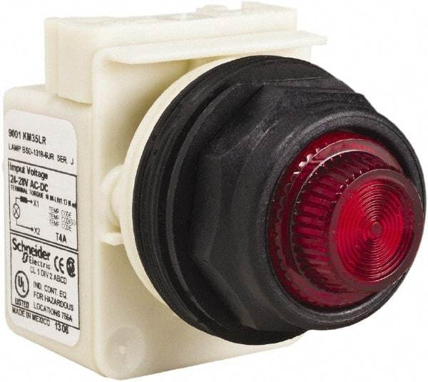 Schneider Electric - 24 V, 28 V Red Lens LED Indicating Light - Round Lens, Screw Clamp Connector, Corrosion Resistant, Dust Resistant, Oil Resistant - Americas Industrial Supply