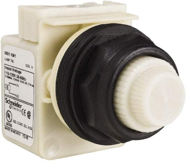 Schneider Electric - 110 VAC at 50/60 Hz via Transformer, 120 VAC at 50/60 Hz via Transformer White Lens Indicating Light - Round Lens, Screw Clamp Connector, Corrosion Resistant, Dust Resistant, Oil Resistant - Americas Industrial Supply