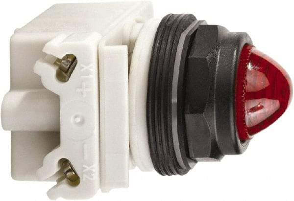 Schneider Electric - 120 VAC/VDC Red Lens Incandescent Pilot Light - Round Lens, Screw Clamp Connector, 54mm OAL x 42mm Wide, Vibration Resistant - Americas Industrial Supply