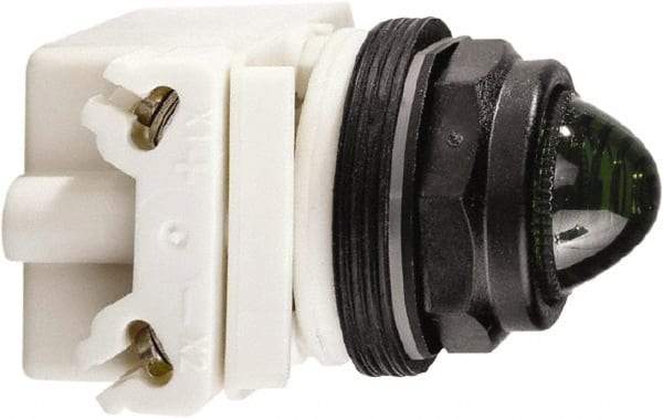 Schneider Electric - 120 VAC/VDC Green Lens Incandescent Pilot Light - Round Lens, Screw Clamp Connector, 54mm OAL x 42mm Wide, Vibration Resistant - Americas Industrial Supply