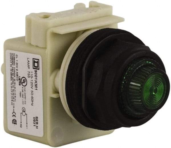 Schneider Electric - 110 VAC at 50/60 Hz via Transformer, 120 VAC at 50/60 Hz via Transformer Green Lens Indicating Light - Round Lens, Screw Clamp Connector, Corrosion Resistant, Dust Resistant, Oil Resistant - Americas Industrial Supply