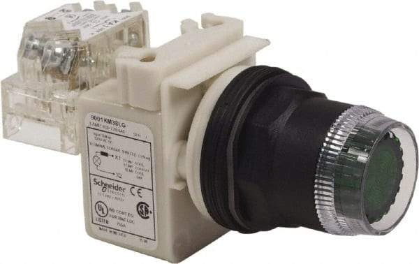 Schneider Electric - 30mm Mount Hole, Extended Straight, Pushbutton Switch with Contact Block - Green Pushbutton, Momentary (MO) - Americas Industrial Supply