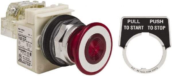 Schneider Electric - 30mm Mount Hole, Extended Straight, Pushbutton Switch with Contact Block - Red Pushbutton, Maintained (MA) - Americas Industrial Supply