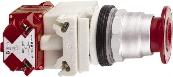 Schneider Electric - 30mm Mount Hole, Extended Straight, Pushbutton Switch with Contact Block - Red Pushbutton, Maintained (MA), Momentary (MO) - Americas Industrial Supply