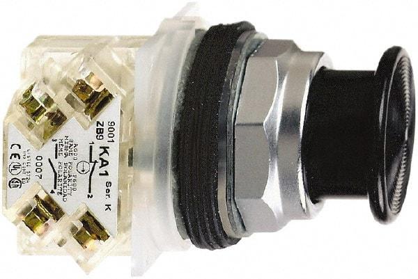 Schneider Electric - 30mm Mount Hole, Extended Mushroom Head, Pushbutton Switch with Contact Block - Round, Black Pushbutton, Momentary (MO) - Americas Industrial Supply