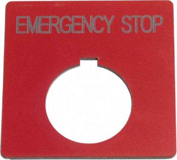 Schneider Electric - Square, Plastic Legend Plate - Emergency Stop - Red Background, Black Letters, 1.2 Inch Hole Diameter, 2-1/2 Inch Square - Americas Industrial Supply