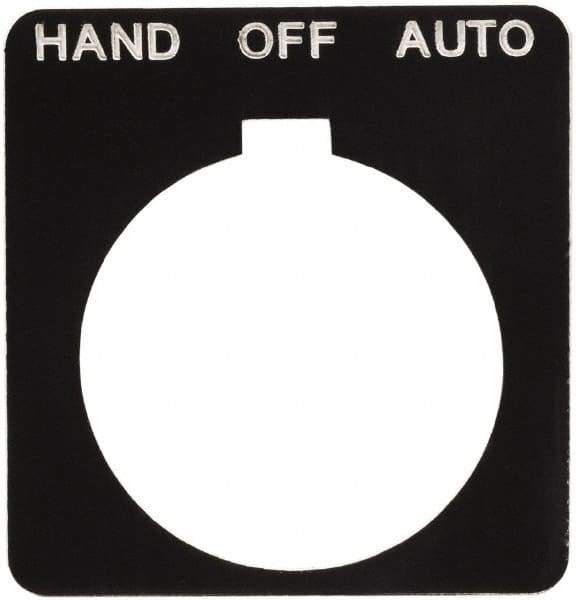 Schneider Electric - Square, Plastic Legend Plate - Hand-Off-Auto - Black Background, White Letters, 1.2 Inch Hole Diameter, 1-3/4 Inch Square - Americas Industrial Supply