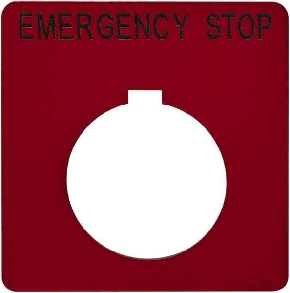 Schneider Electric - Square, Plastic Legend Plate - Emergency Stop - Red Background, Black Letters, 1.2 Inch Hole Diameter, 2-1/4 Inch Square - Americas Industrial Supply