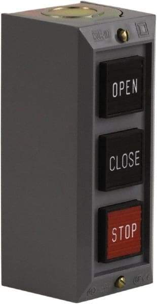 Schneider Electric - 3 Operator, Projecting Pushbutton Control Station - Close, Open, Stop (Legend), Momentary Switch, 2NO/3NC Contact, NEMA 1 - Americas Industrial Supply