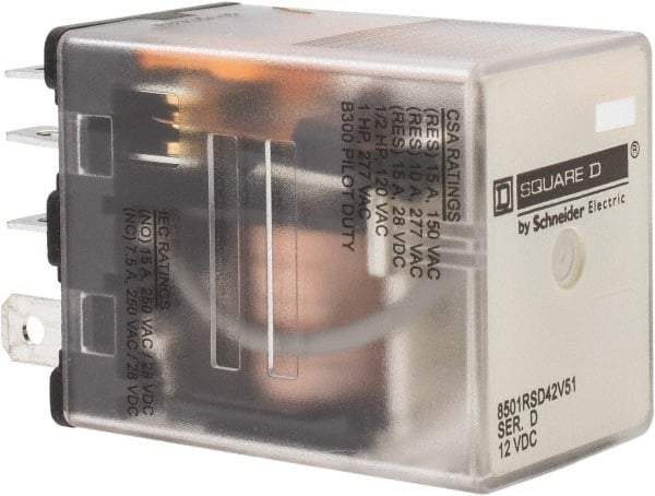 Square D - Electromechanical Plug-in General Purpose Relay - 10 Amp at 240 VAC, DPDT, 12 VDC - Americas Industrial Supply