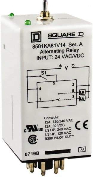 Square D - 8 Pins, 1/2 hp at 240 Volt & 1/3 hp at 120 Volt, Electromechanical Plug-in General Purpose Relay - 12 Amp at 240 VAC, DPDT, 240 VAC, 36mm Wide x 65mm High x 44mm Deep - Americas Industrial Supply