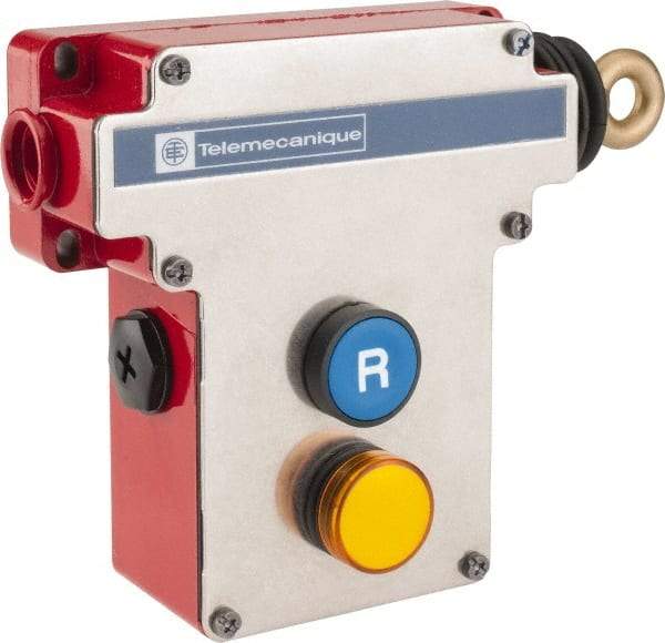 Telemecanique Sensors - 10 Amp, 2NO/2NC Configuration, Right Hand Operation, Rope Operated Limit Switch - Pushbutton Reset, Cable Pull, Pilot Light Indicator, 300 VAC - Americas Industrial Supply