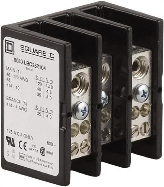 Square D - 3 Poles, 175 (Copper) Amp, Phenolic Power Distribution Block - 600 VAC, 1 Primary Connection - Americas Industrial Supply