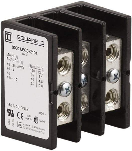 Square D - 3 Poles, 150 (Copper) Amp, Phenolic Power Distribution Block - 600 VAC, 1 Primary Connection - Americas Industrial Supply