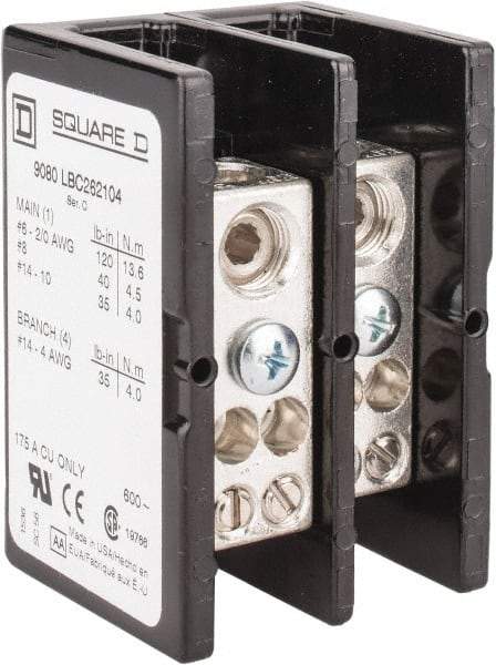 Square D - 2 Poles, 175 (Copper) Amp, Phenolic Power Distribution Block - 600 VAC, 1 Primary Connection - Americas Industrial Supply