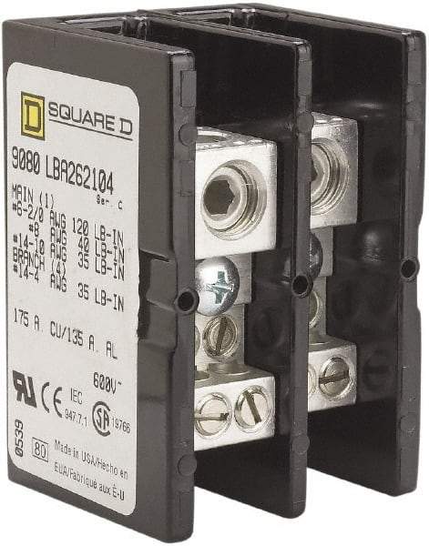 Square D - 2 Poles, 135 (Aluminium), 175 (Copper) Amp, Phenolic Power Distribution Block - 600 VAC, 1 Primary Connection - Americas Industrial Supply