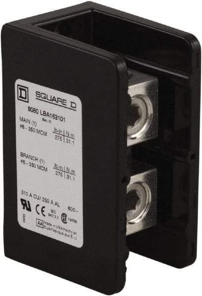 Square D - 1 Pole, 135 (Aluminium), 175 (Copper) Amp, Phenolic Power Distribution Block - 600 VAC, 1 Primary Connection - Americas Industrial Supply