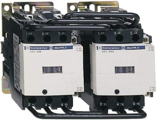 Schneider Electric - 3 Pole, 120 Coil VAC at 50/60 Hz, 50 Amp, Reversible IEC Contactor - Bureau Veritas, CCC, CSA, CSA C22.2 No. 14, DNV, EN/IEC 60947-4-1, EN/IEC 60947-5-1, GL, GOST, LROS, RINA, UL 508, UL Listed - Americas Industrial Supply