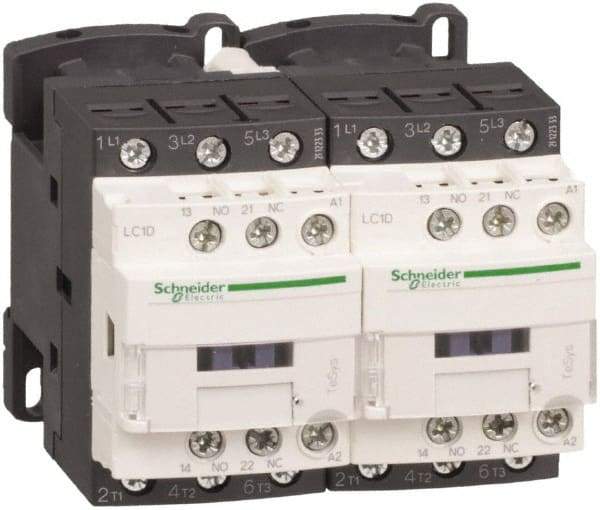 Schneider Electric - 3 Pole, 220 Coil VAC at 50/60 Hz, 12 Amp at 440 VAC, Reversible IEC Contactor - 1 Phase hp: 1 at 115 VAC, 2 at 230/240 VAC, 3 Phase hp: 10 at 575/600 VAC, 3 at 200/208 VAC, 3 at 230/240 VAC, 7.5 at 460/480 VAC - Americas Industrial Supply