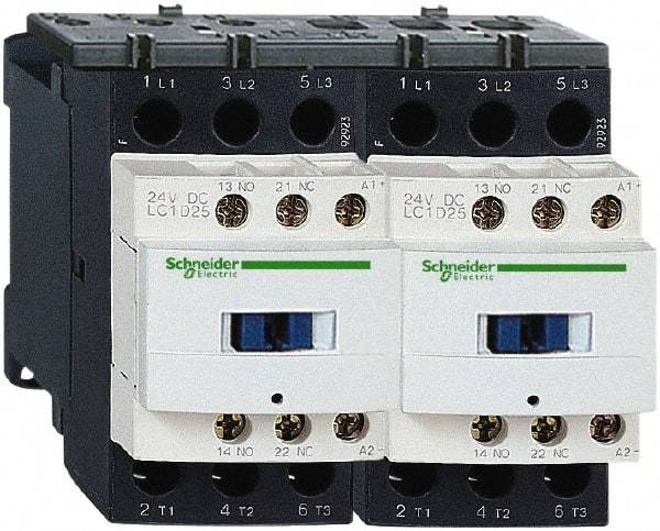 Schneider Electric - 3 Pole, 240 Coil VAC at 50/60 Hz, 12 Amp at 440 VAC, Reversible IEC Contactor - 1 Phase hp: 1 at 115 VAC, 2 at 230/240 VAC, 3 Phase hp: 10 at 575/600 VAC, 3 at 200/208 VAC, 3 at 230/240 VAC, 7.5 at 460/480 VAC - Americas Industrial Supply