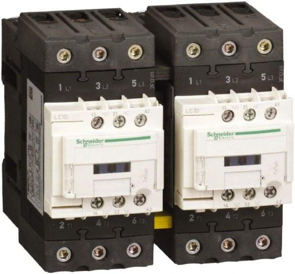 Schneider Electric - 3 Pole, 24 Coil VDC, 65 Amp at 440 VAC, Reversible IEC Contactor - 1 Phase hp: 10 at 230/240 VAC, 5 at 115 VAC, 3 Phase hp: 20 at 200/208 VAC, 20 at 230/240 VAC, 40 at 460/480 VAC, 50 at 575/600 VAC - Americas Industrial Supply