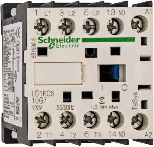 Schneider Electric - 3 Pole, 120 Coil VAC at 50/60 Hz, 6 Amp at 440 VAC, Nonreversible IEC Contactor - BS 5424, CSA, IEC 60947, NF C 63-110, RoHS Compliant, UL Listed, VDE 0660 - Americas Industrial Supply