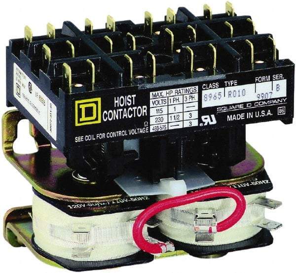 Square D - 3 Pole, 110 Coil VAC at 50 Hz and 120 Coil VAC at 60 Hz, Reversible Definite Purpose Contactor - Phase 1 and Phase 3 Hp:  1 at 115 VAC, 1.5 at 230 VAC, 3 at 230 VAC, 3 at 460 VAC, 3 at 575 VAC, CSA, RoHS Compliant, UL Listed - Americas Industrial Supply