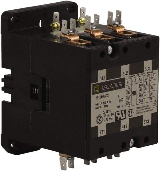 Square D - 3 Pole, 90 Amp Inductive Load, 277 Coil VAC at 60 Hz, Definite Purpose Contactor - Phase 1 and Phase 3 Hp:  20 at 230 VAC, 30 at 230 VAC, 50 at 460 VAC, 50 at 575 VAC, 7.5 at 115 VAC, 120 Amp Resistive Rating, CE, CSA, UL Listed - Americas Industrial Supply