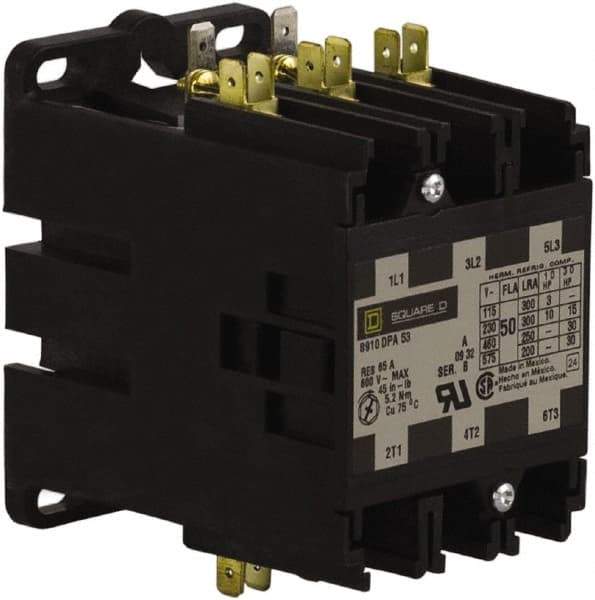 Square D - 3 Pole, 50 Amp Inductive Load, 277 Coil VAC at 60 Hz, Definite Purpose Contactor - Phase 1 and Phase 3 Hp:  10 at 230 VAC, 15 at 230 VAC, 3 at 115 VAC, 30 at 460 VAC, 30 at 575 VAC, 65 Amp Resistive Rating, CE, CSA, UL Listed - Americas Industrial Supply