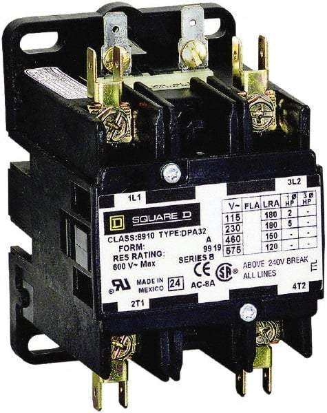 Square D - 2 Pole, 90 Amp Inductive Load, 208 to 240 Coil VAC at 60 Hz and 220 Coil VAC at 50 Hz, Definite Purpose Contactor - Phase 1 Hp:  20 at 230 VAC, 7.5 at 115 VAC, 120 Amp Resistive Rating, CE, CSA, UL Listed - Americas Industrial Supply