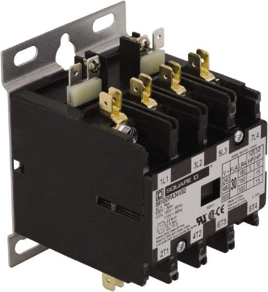 Square D - 4 Pole, 20 Amp Inductive Load, 24 Coil VAC at 50/60 Hz, Definite Purpose Contactor - Phase 1 and Phase 3 Hp:  1.5 at 115 VAC, 3 at 230 VAC, 7.5 at 230 VAC, 7.5 at 460 VAC, 7.5 at 575 VAC, 30 Amp Resistive Rating, CE, CSA, UL Listed - Americas Industrial Supply