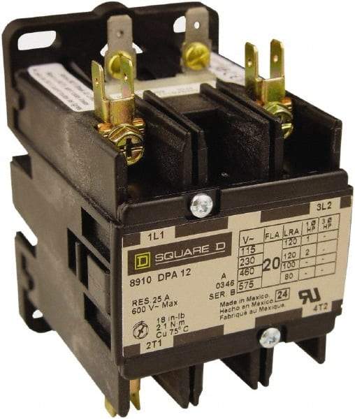 Square D - 2 Pole, 25 Amp Inductive Load, 208 to 240 Coil VAC at 60 Hz and 220 Coil VAC at 50 Hz, Definite Purpose Contactor - Phase 1 Hp:  2 at 115 VAC, 5 at 230 VAC, 35 Amp Resistive Rating, CE, CSA, UL Listed - Americas Industrial Supply