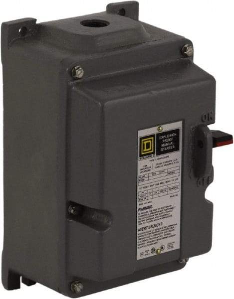 Square D - 3 Poles, 18 Amp, M-0 NEMA, Enclosed Pushbutton Manual Motor Starter - 3 hp at 200 to 230 VAC & 5 hp at 380 to 575 VAC, CSA, NEMA 7/9 & UL Listed - Americas Industrial Supply