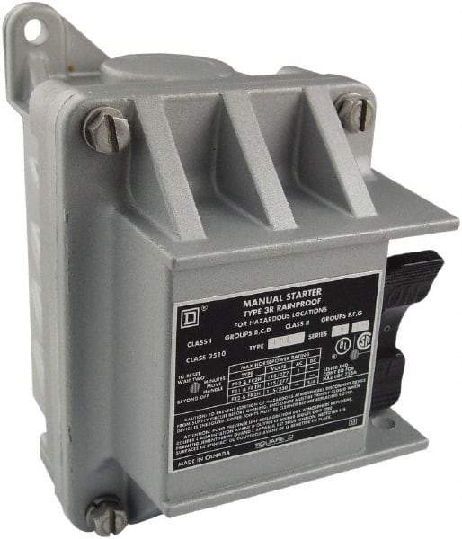 Square D - 3 Poles, 30 Amp, NEMA, Enclosed Toggle Manual Motor Starter - 1 hp at 90 VDC, 10 hp at 460 VAC, 10 hp at 575 VAC, 1-1/2 hp at 230 VDC, 2 hp at 115 VAC, 2 hp at 115 VDC & 7-1/2 hp at 230 VAC, CE, CSA, NEMA 3R/7/9 & UL Listed - Americas Industrial Supply