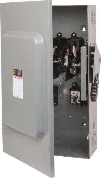 Square D - 200 Amp, 240 VAC, 250 VDC, 2 Pole Fused Safety Switch - NEMA 1, 15 hp at 240 VAC (Single Phase), 60 hp at 240 VAC, 40 hp at 250 VDC (Triple Phase), DPST Contact Form - Americas Industrial Supply