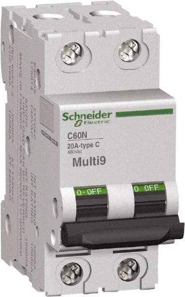 Schneider Electric - 2 Amp, 480Y/277 V, 2 Pole, DIN Rail Mount Miniature Circuit Breaker - Thermal Magnetic Trip, 14-4 AWG, 3 Inch Deep x 3.19 Inch High x 1.42 Inch Wide - Americas Industrial Supply